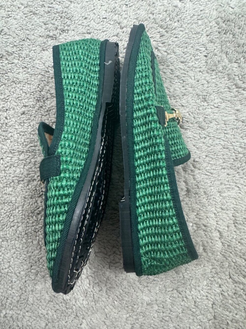 Artigiano Italy Womens Green Loafers Sz 35 Gold Horsebit Handmade Knit Textured - Picture 10 of 14